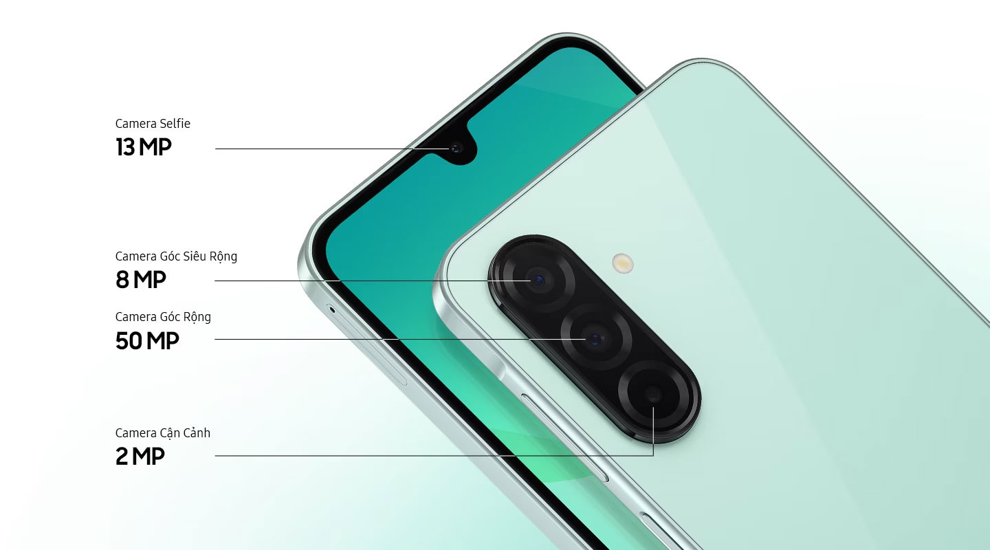 Hai chiếc điện thoại Samsung Galaxy A26 5G. Điện thoại bên trái hiển thị mặt trước, nổi bật với camera selfie 13MP. Điện thoại bên phải hiển thị mặt sau, giới thiệu bộ ba camera gồm camera Góc siêu rộng 8MP, camera Góc rộng 50MP và camera Macro 2MP.