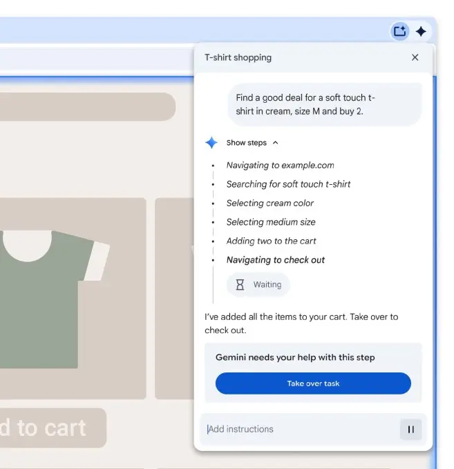 Google Chrome AI Agent Security: Công bố 4 lớp bảo mật mới nhất A screenshot showing Chrome's agent model asking user permission before paying for an item while shopping.