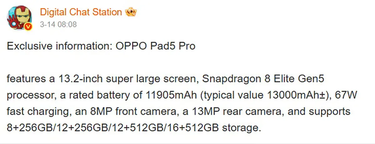 OPPO Pad 5 Pro lộ diện: Snapdragon 8 Elite Gen 5, pin 13.000 mAh OPPO Pad 5 Pro lộ diện: Snapdragon 8 Elite Gen 5, pin 13.000 mAh